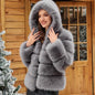 Luxe Women's Short Hooded Faux Fox Fur Coat Fashion Streetwear with Faux Fur Trim Thickened Winter Faux Fur Outwear