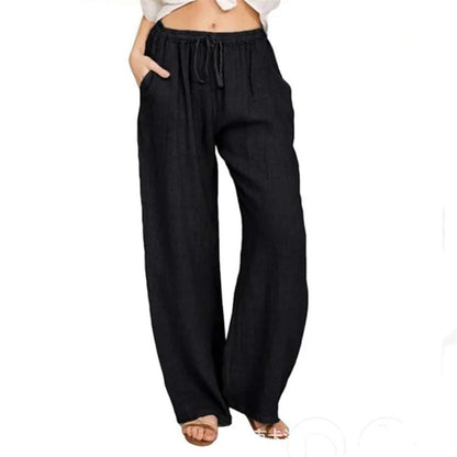 Women's wide-leg cotton-linen pants with drawstring waist