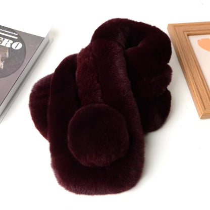 Burgundy plush rabbit fur short winter scarf with a round pom pom detail.