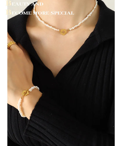 Natural Freshwater Pearl Bead Necklace Bracelet For Women Stainless Steel Gold Plated OT Buckle Women's Necklaces Bracelets Sets