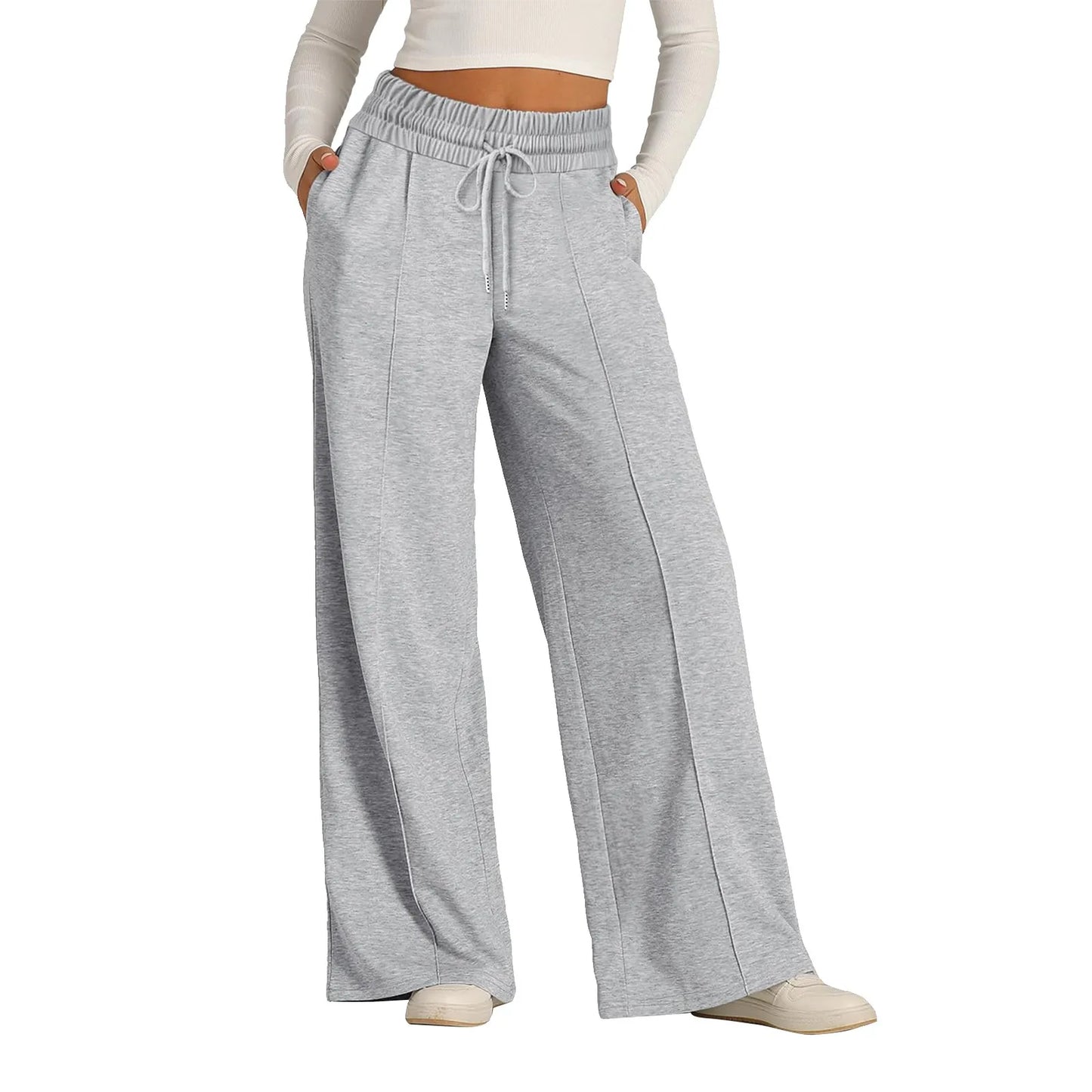 Grey high waist fleece-lined wide leg pants with a drawstring, useful for keeping warm during winter activities.