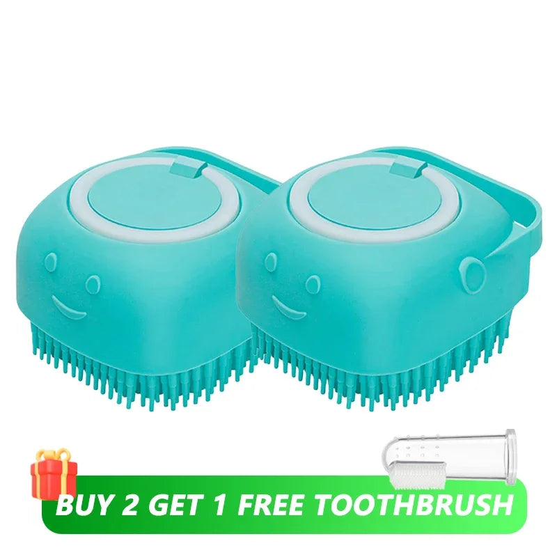 Pet Bath Brush With Soft Silicone Bristles And Dispenser For Dogs And Cats