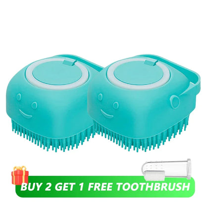 Pet Bath Brush With Soft Silicone Bristles And Dispenser For Dogs And Cats