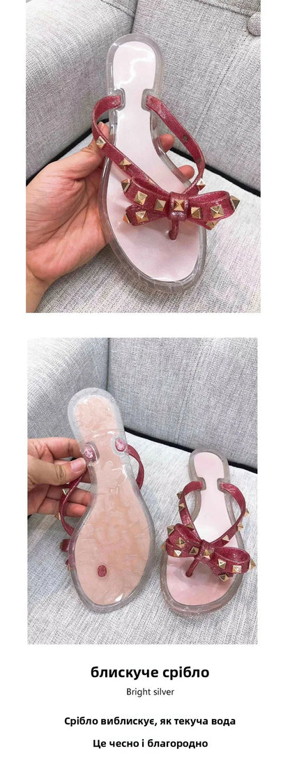 Studded Flat Bot Thong Slippers Holiday Beach Sandals Women's Jelly Slip-On oes Comfortable Casual PVC Footwear