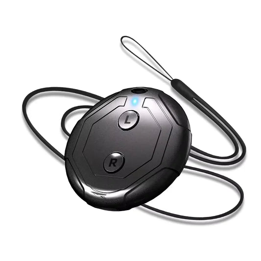 Black round portable voice language translator with L and R buttons for simultaneous interpretation during meetings.