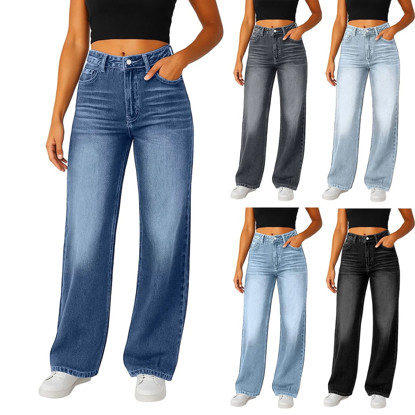 Soft Light Blue Wide Leg Jeans High Waist With Front Pockets Stretch