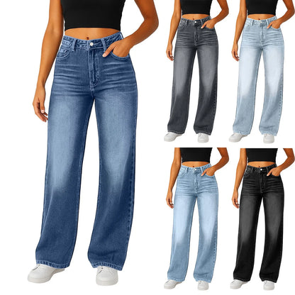 Soft Light Blue Wide Leg Jeans High Waist With Front Pockets Stretch