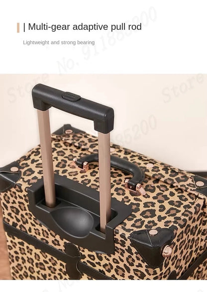 Trendy Retro Luggage Women's Roller Trunk Leopard Print Leather Suitcase 20" Boarding Box Set Waterproof Password Suitcase
