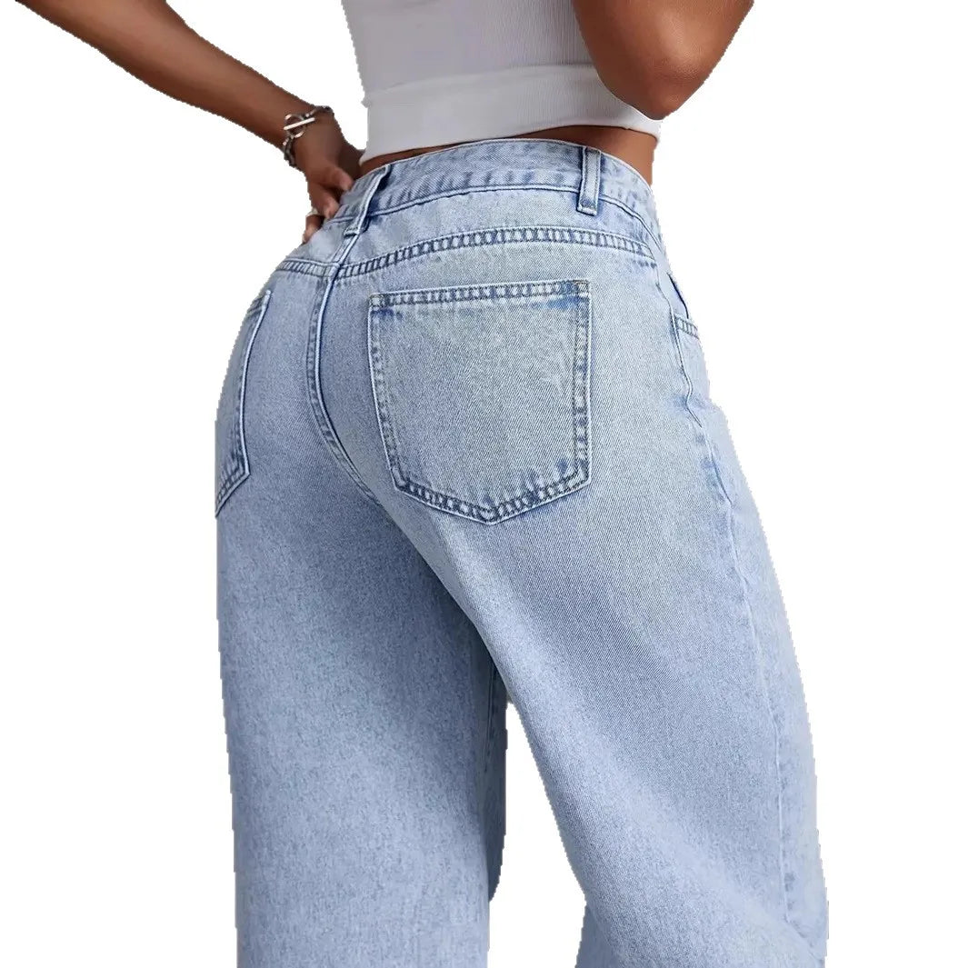 Stretchy Denim Wide Leg Pants with Pockets and Subtle Distressing for Everyday Ease
