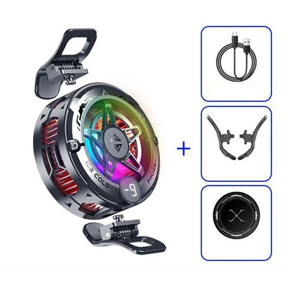Black magnetic phone cooler with RGB LED fan and temperature display for cooling a smartphone during gaming.