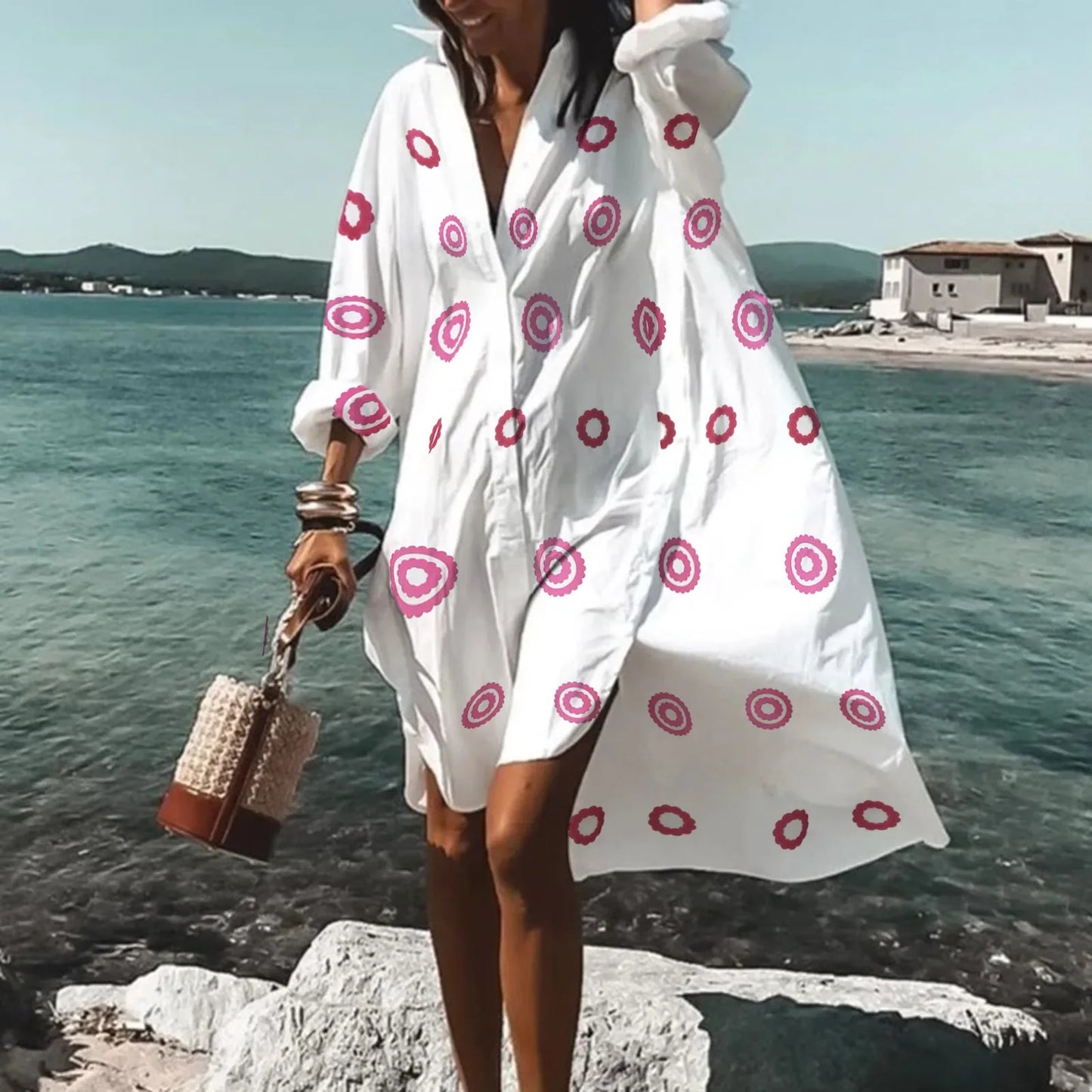 Women's Boho V-Neck Beach Cover-Up with Long Sleeves