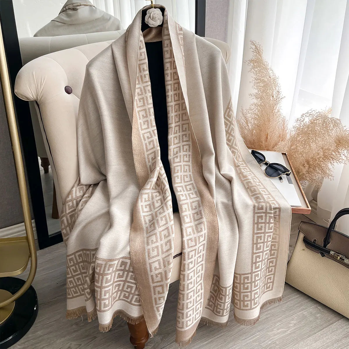 Sun-Protective Hijab Scarf with Golden Thread Accents for Styling