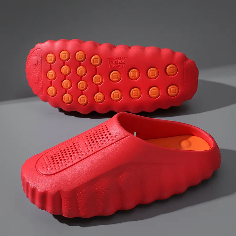 Red EVA sandals with non-slip, textured massage soles for comfortable daily wear.