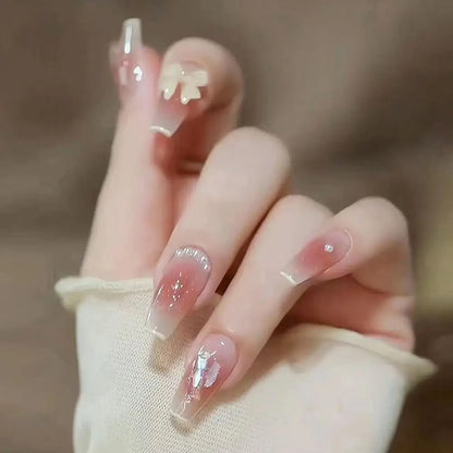 24Pcs Glitter Diamond Press On Nails Blush Pink Cat Eye Fake Nails Sweet Cute Coffin Full Cover Short Square False Nail Tips Art