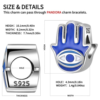 925 Silver Blue Enamel Fatima Hand Charm - DIY Jewelry Beads for Charm Bracelets
