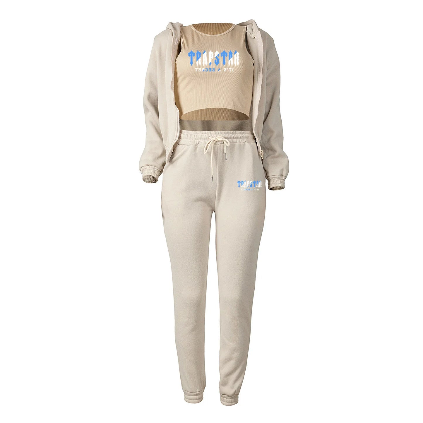 Beige plush knit sweater set featuring a relaxed hooded zip-up, tank, and drawstring joggers for lounging.