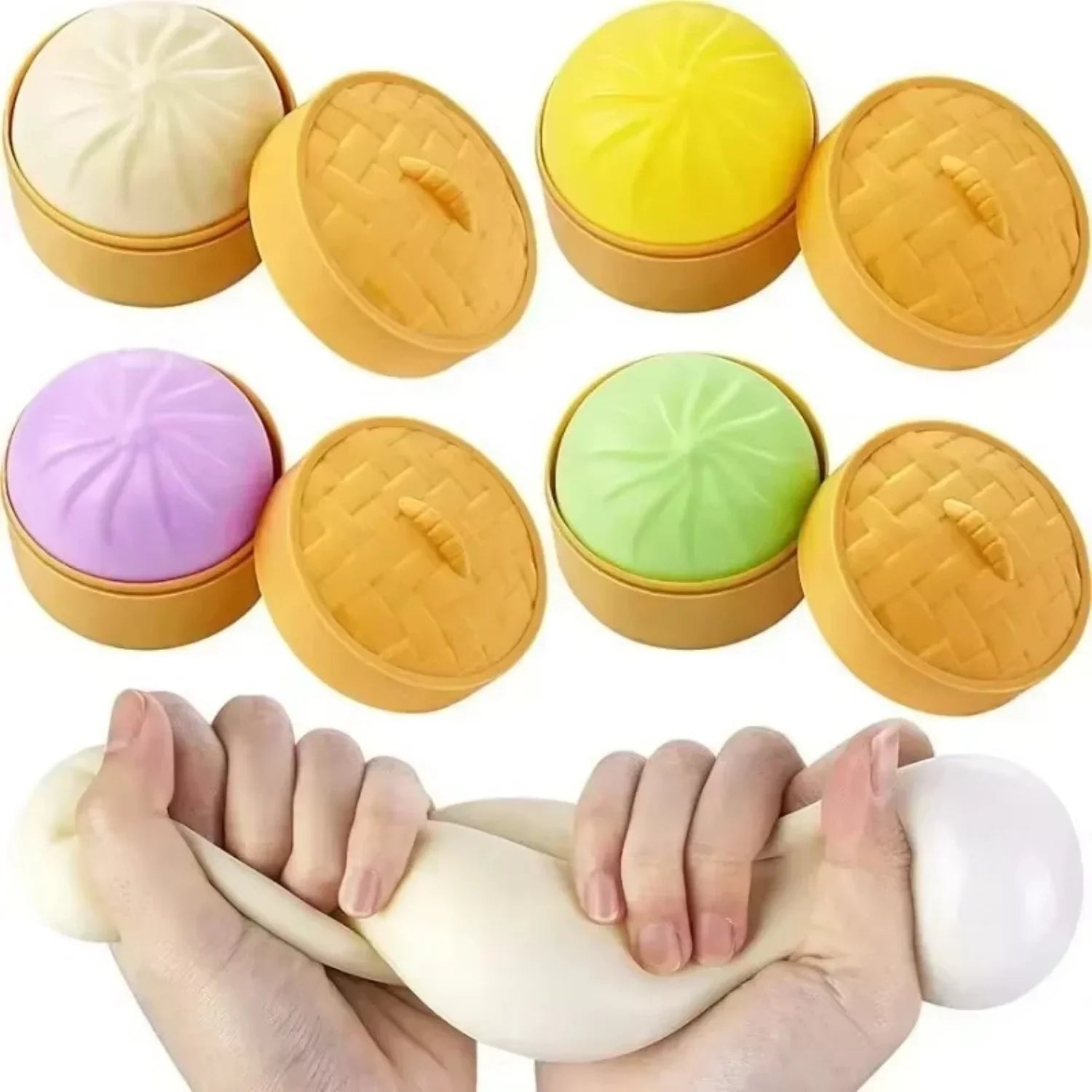 Colorful squishy dumpling and steamed bun fidget toy set with silicone steamers for stress relief.