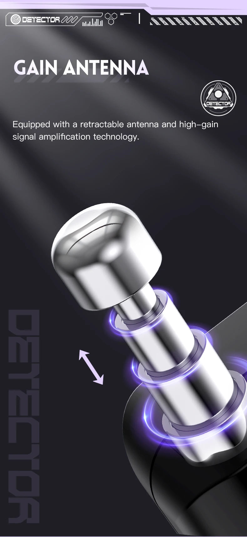 Silver metal retractable gain antenna for smart camera detector with glowing purple rings.
