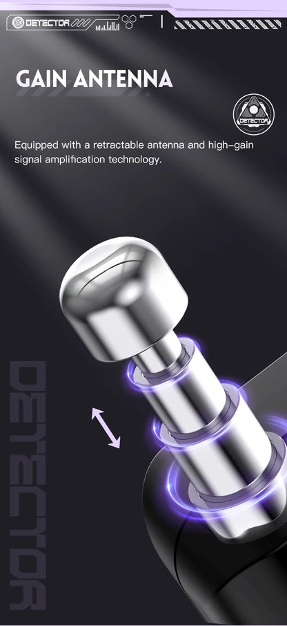Silver metal retractable gain antenna for smart camera detector with glowing purple rings.