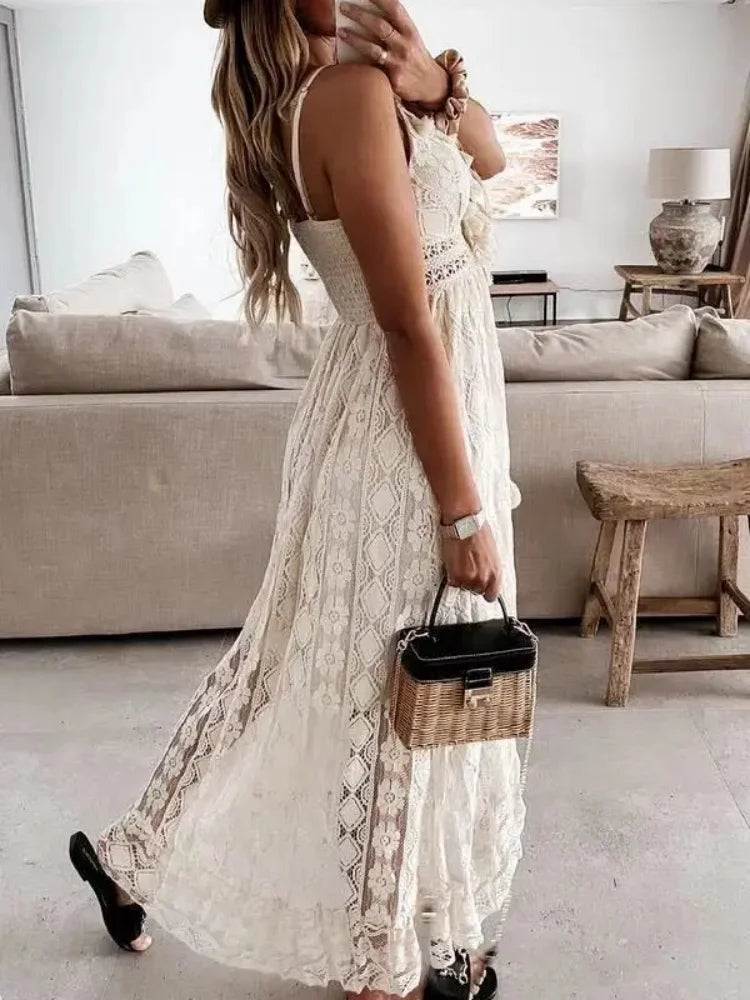 Women’s Ankle Length Lace Polyester Sleeveless Dress V Neck Beach Vacation