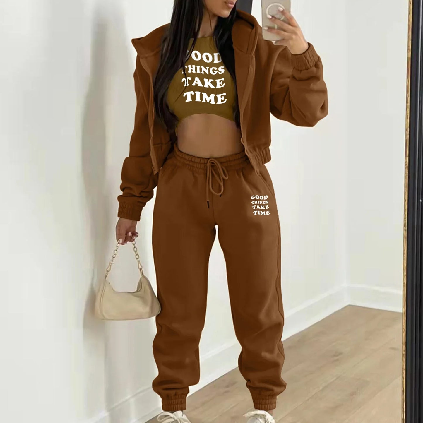 Brown knit hooded sweater set with letter print, relaxed fit for lounging.