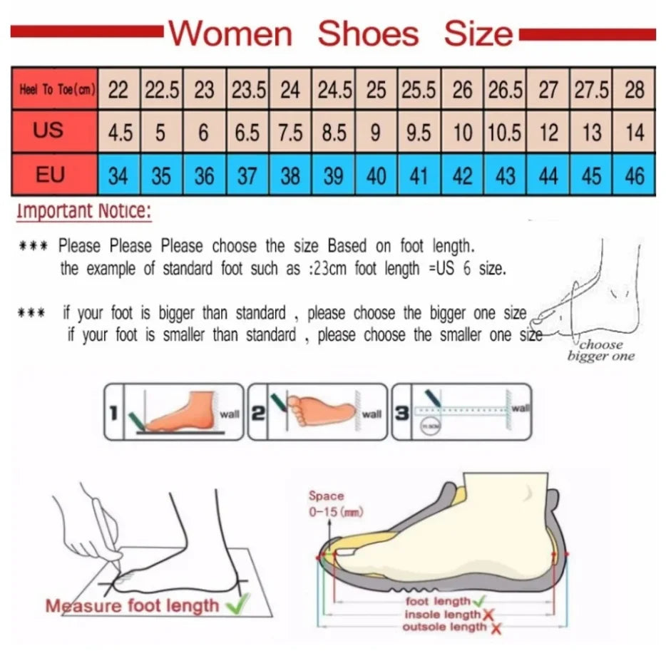 Size chart with a red header and white measurement grid for women's cushioned wedge heel sandals for casual wear.