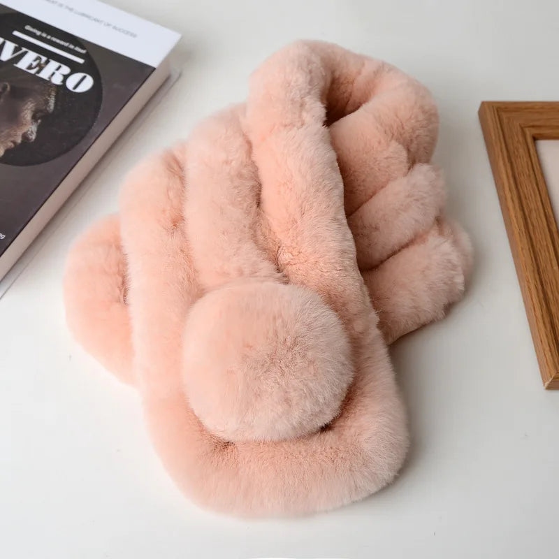 Pink plush rabbit fur winter scarf with a thick triple-tube design and a fluffy pom-pom detail.