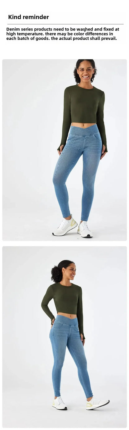 Cross Waist Yoga Jeans High Waist Skinny Ankle Length With Pockets