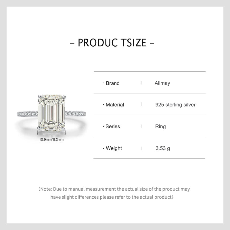 Ailmay 925 sterling silver ring with a large emerald-cut center stone and pave band, sizing chart.