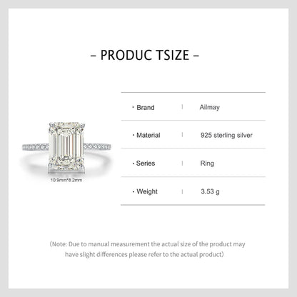 Ailmay 925 sterling silver ring with a large emerald-cut center stone and pave band, sizing chart.