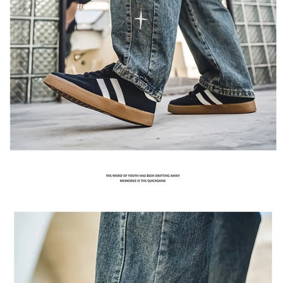 Black canvas sneakers with white stripes and gum soles, breathable casual training shoes for daily wear.