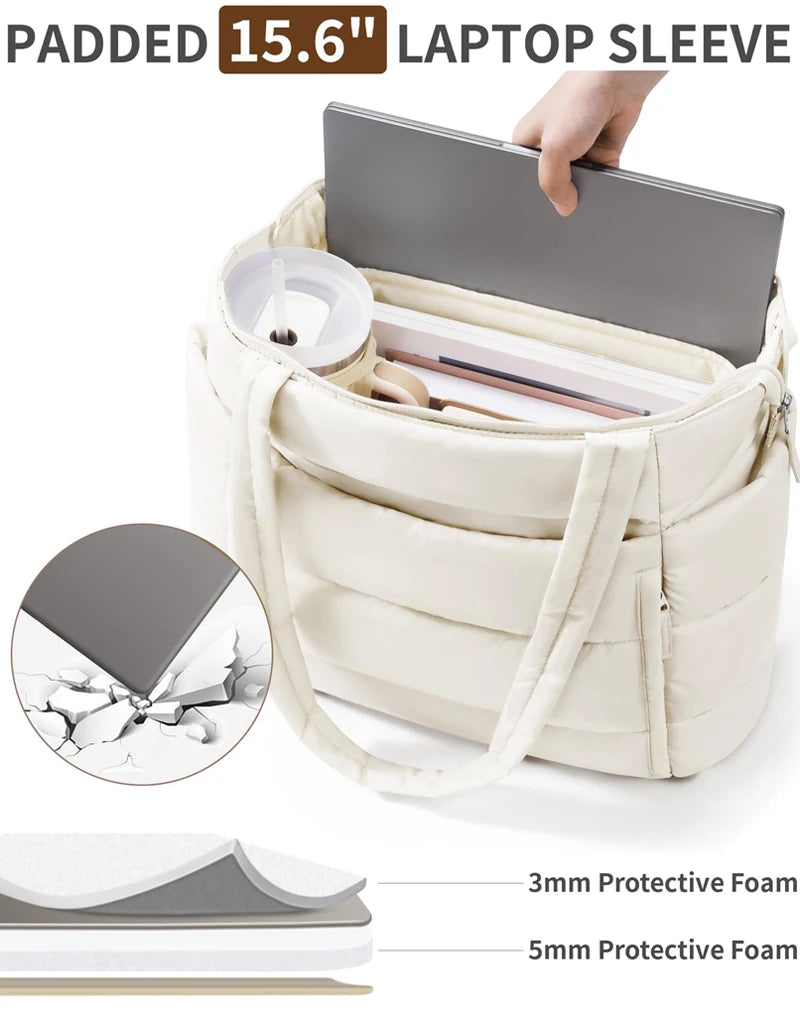 Cream puffy polyester multi-pocket tote bag with a zip closure and padded sleeve for work travel.