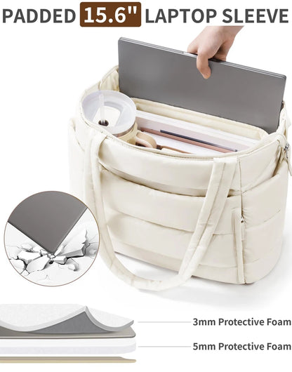 Cream puffy polyester multi-pocket tote bag with a zip closure and padded sleeve for work travel.
