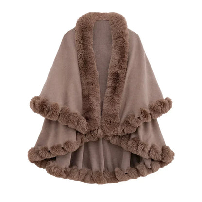Double Layer Faux Fur Trim Womens Knitted Poncho Shawl Warm Cape Multiple Colors Ideal for Fall and Winter Daily and Formal Wear