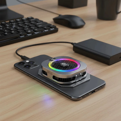 Silver mobile phone cooler with LED lighting and digital display, used for cooling smartphones during gaming sessions.