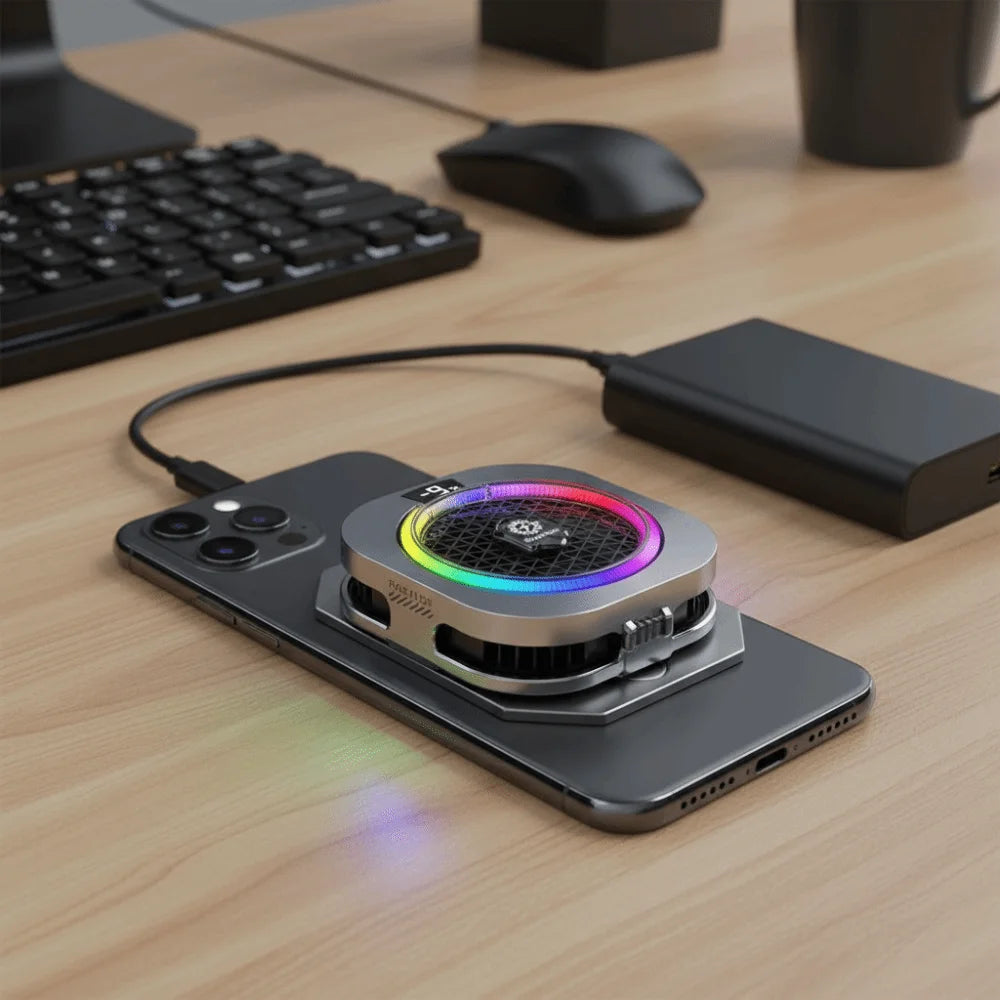 Silver mobile phone cooler with RGB LED ring and temperature display for cooling devices during mobile gaming sessions.