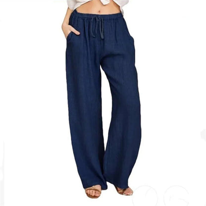 Women's wide-leg cotton-linen pants with drawstring waist