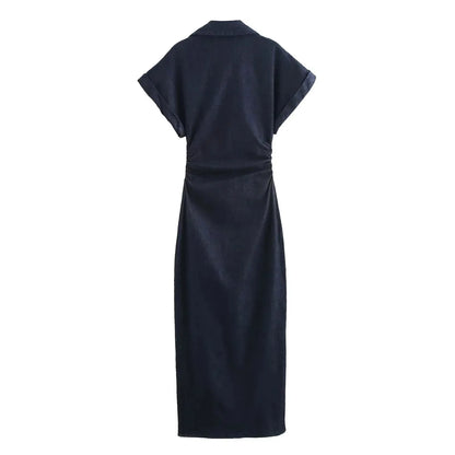 Denim Midi Dress - Women's Ruched Short Sleeve Casual Streetwear Dress