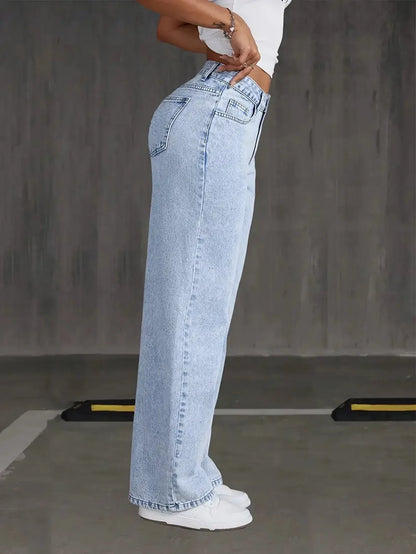 Stretchy Denim Wide Leg Pants with Pockets and Subtle Distressing for Everyday Ease