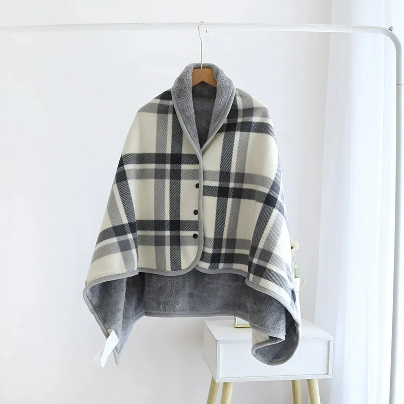 Plaid fleece wearable blanket poncho with button front