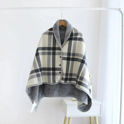 Plaid fleece wearable blanket poncho with button front