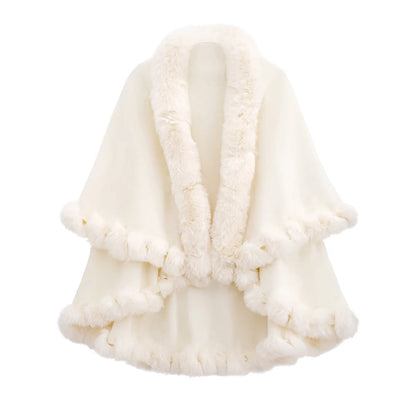 Double Layer Faux Fur Trim Womens Knitted Poncho Shawl Warm Cape Multiple Colors Ideal for Fall and Winter Daily and Formal Wear