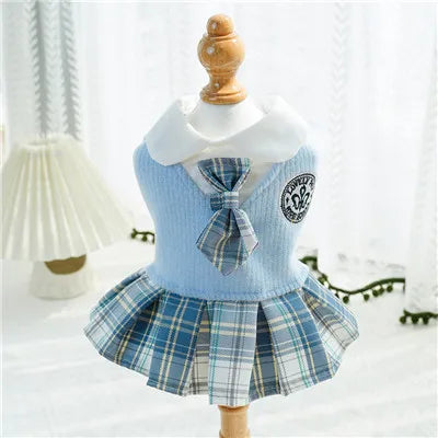 Knitted dog dress with a plaid skirt for everyday outings