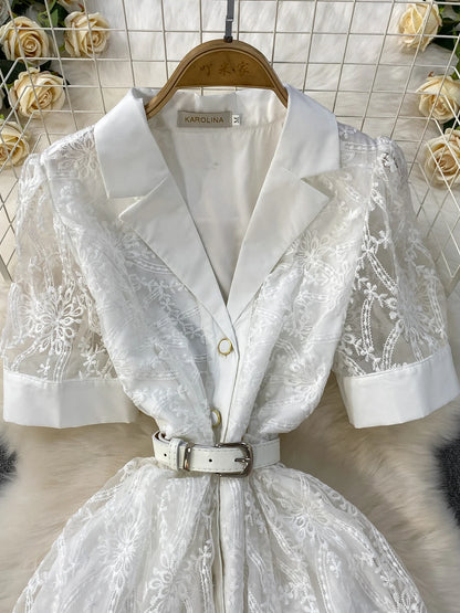 Designer Runway Lace Blazer Dress – Luxury Embroidered Long Gown for Elegant Evenings