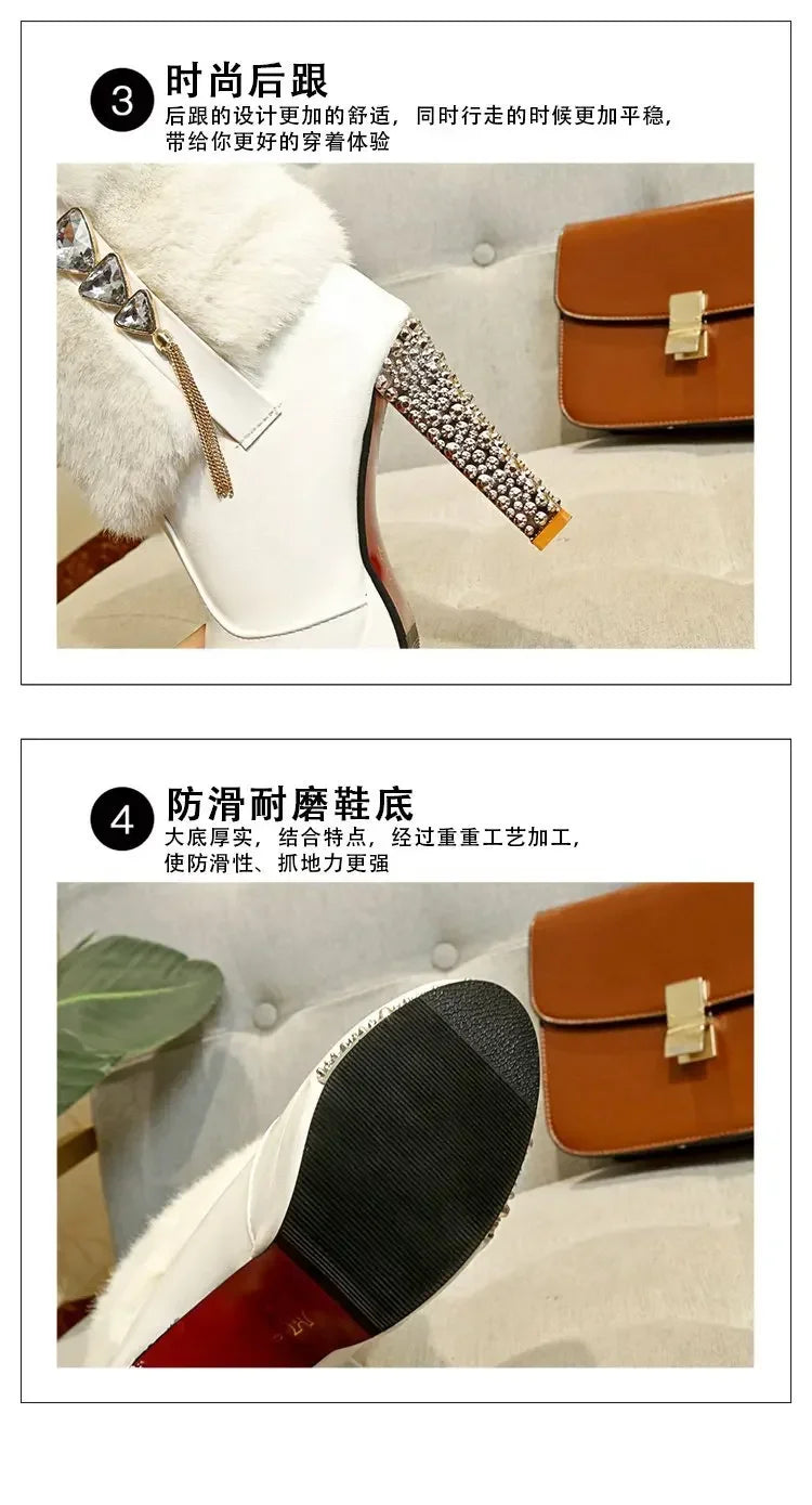 White winter ankle boot with faux fur trim, rhinestone-embellished high heel, and textured anti-slip sole.