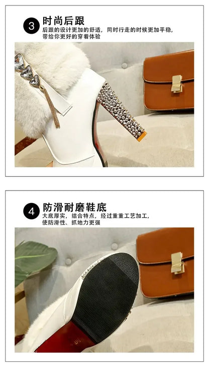White winter ankle boot with faux fur trim, rhinestone-embellished high heel, and textured anti-slip sole.
