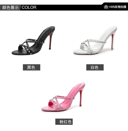 Pink, black, and white open toe high heel sandals with riveted slim heels for parties.