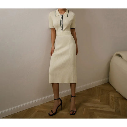 Cream ribbed knit fitted dress with short sleeves and polo neck for daily wear.