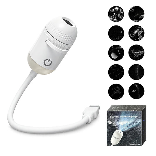 White adjustable focus LED projector light with flexible gooseneck for room ambiance and ceiling night light displays.