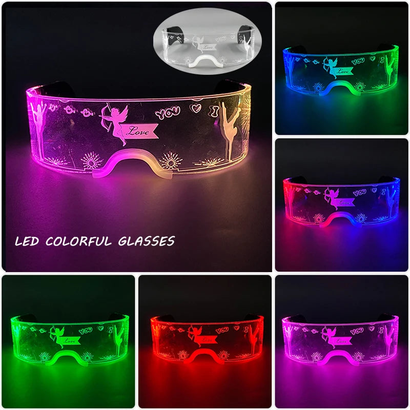 LED festival glasses with crystal bead illumination and glowing love graphics